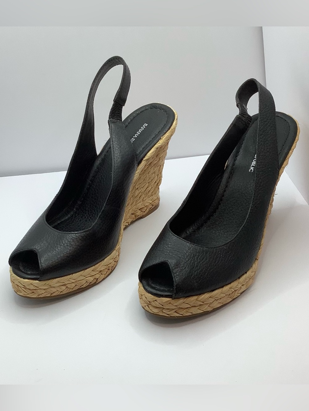 Banana Republic Black Peep-Toe Espadrille Wedges -SEE WEAR ON HEELS.